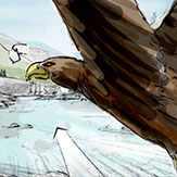 Coloriertes Storyboard, Adler POV, in den Bergen, Hawk POV in the mountains, Colored Storyboard, Colored Shootingboard